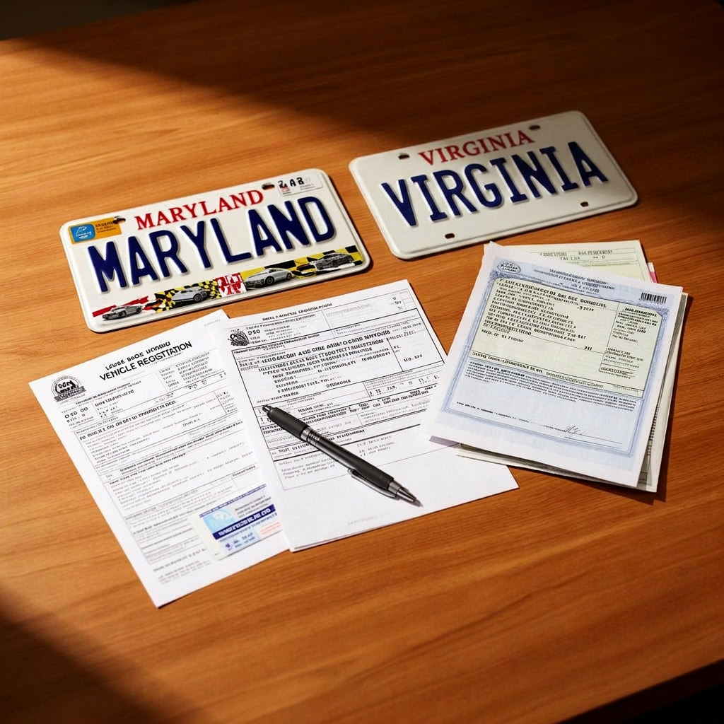 Placas de Maryland y Virginia con documentos de registro vehicular